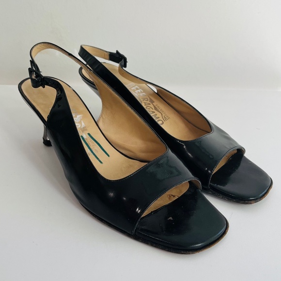 Salvatore Ferragamo Shoes - Salvator Ferragamo Black Leather Open Toe High Heel Slingback Sandals Size 8.5
